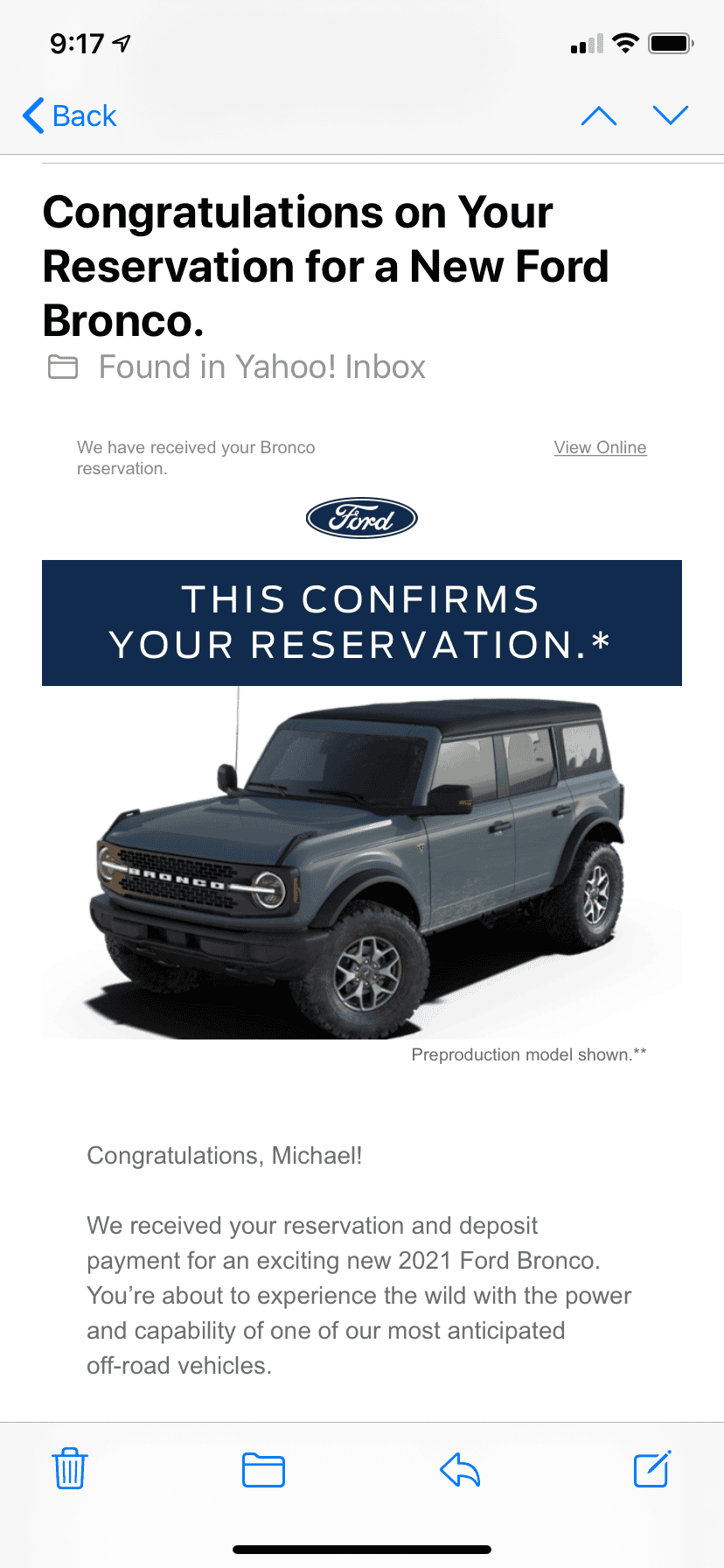 Ford Bronco What is the color of the Bronco sent in the reservation email? 1598883526084