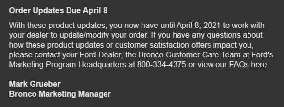 Bronco Ford Sends Out Bronco Order Update Email Offering Price Protection and Complimentary Sound Deadening Headliner 1616704993430
