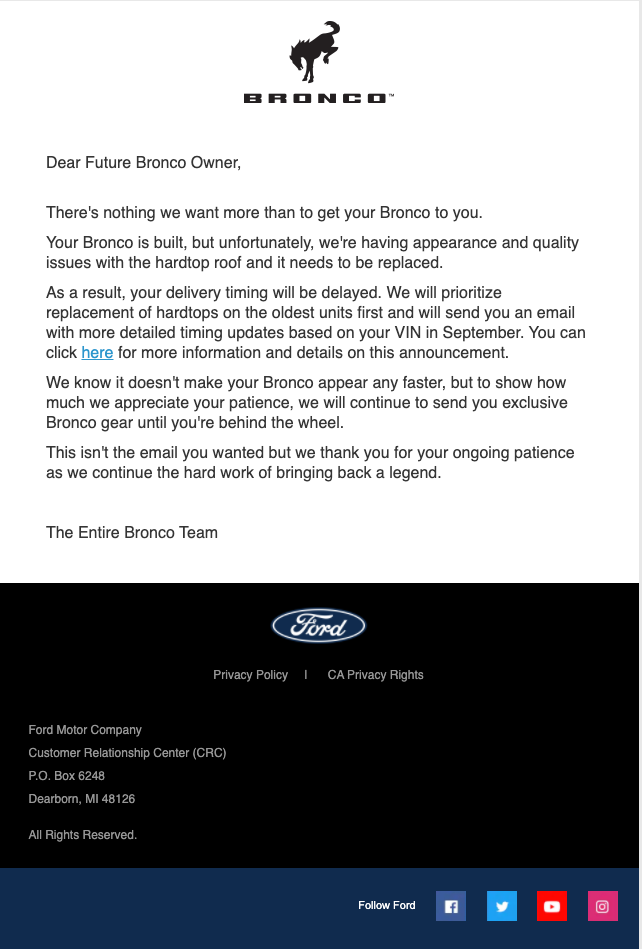 Ford Bronco 📣 Ford announces MIC hardtop solution (program 21B49): unscheduled orders will get MY2022, delivered & built Broncos will have tops replaced 1628866195713