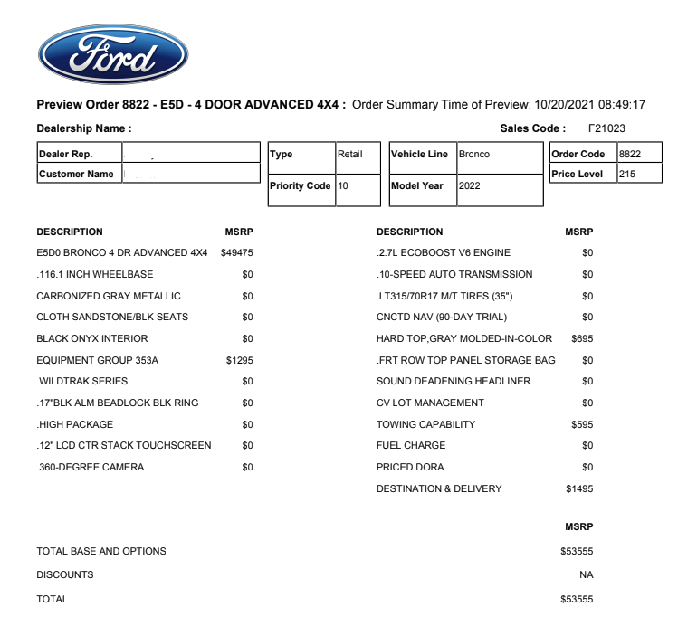 Ford Bronco Nov 1 Update - 2022 order confirmation email from Ford 1635254284033