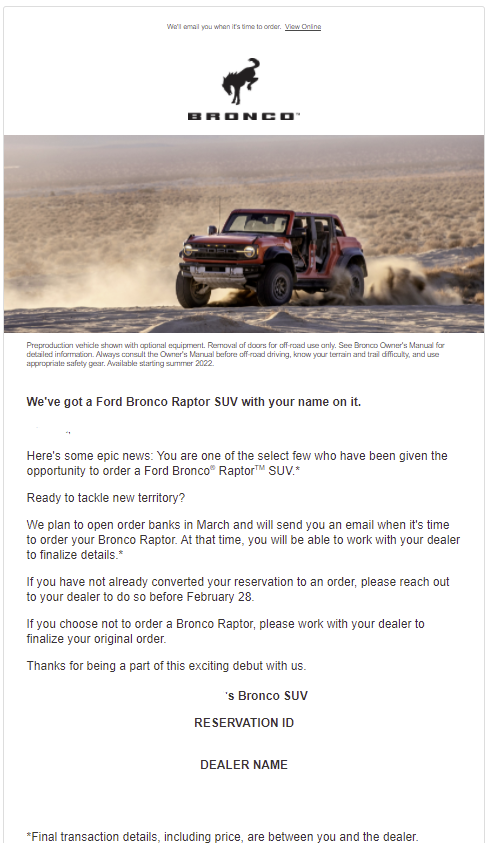 Ford Bronco 📬 Raptor lottery winning email! Did you get order invite?? 1644603962870