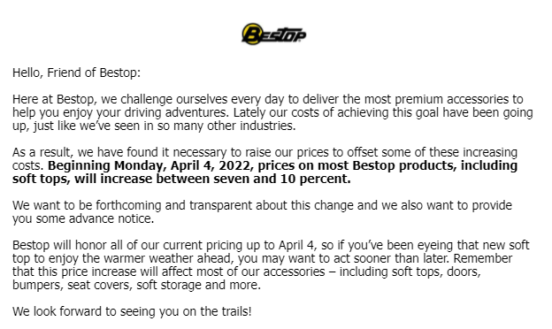 Ford Bronco Bestop Price Increase beginning April 4th 1646328676769