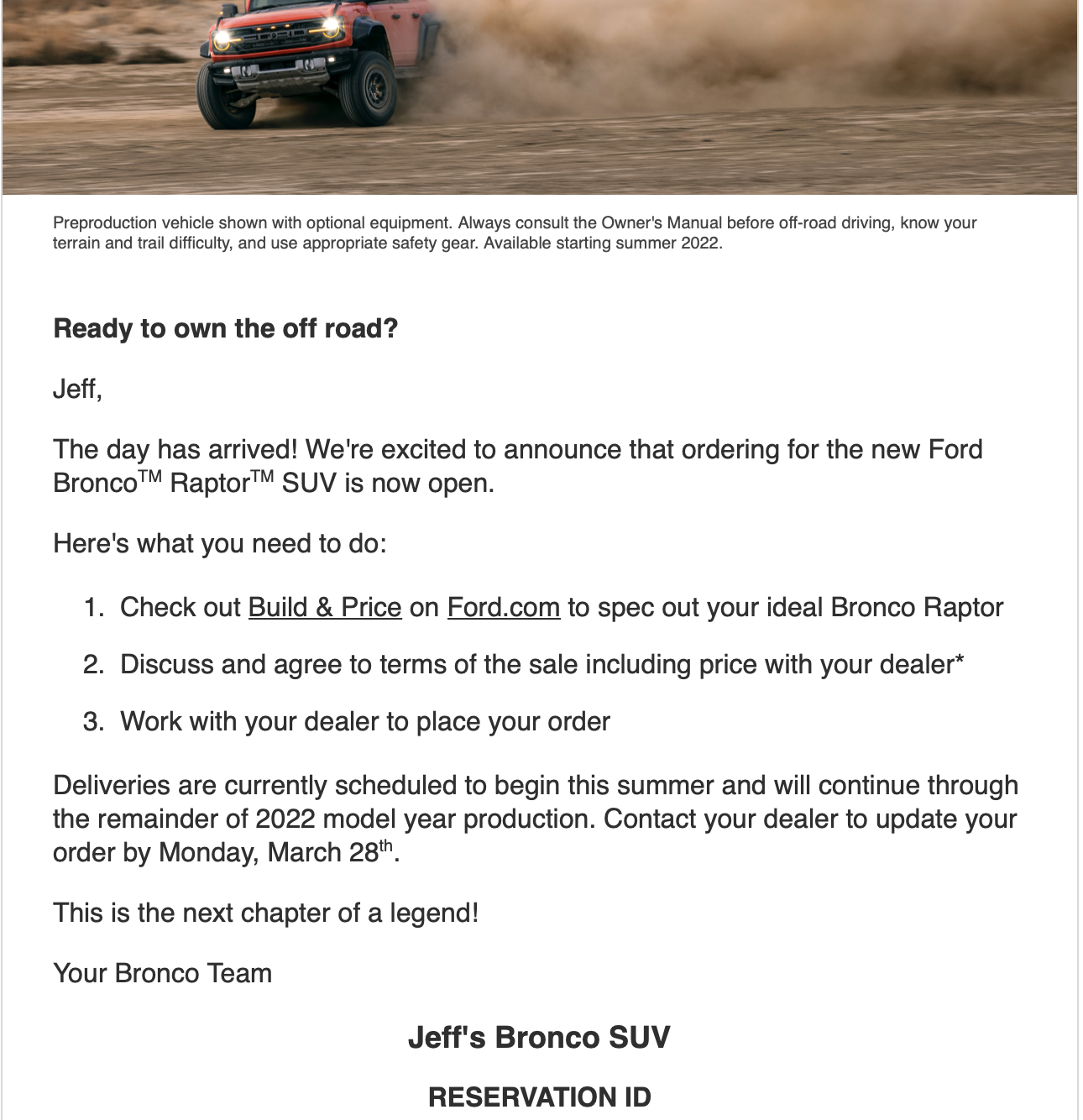 Ford Bronco Braptor reservation swap from First Edition cancelations status: 1647323576922