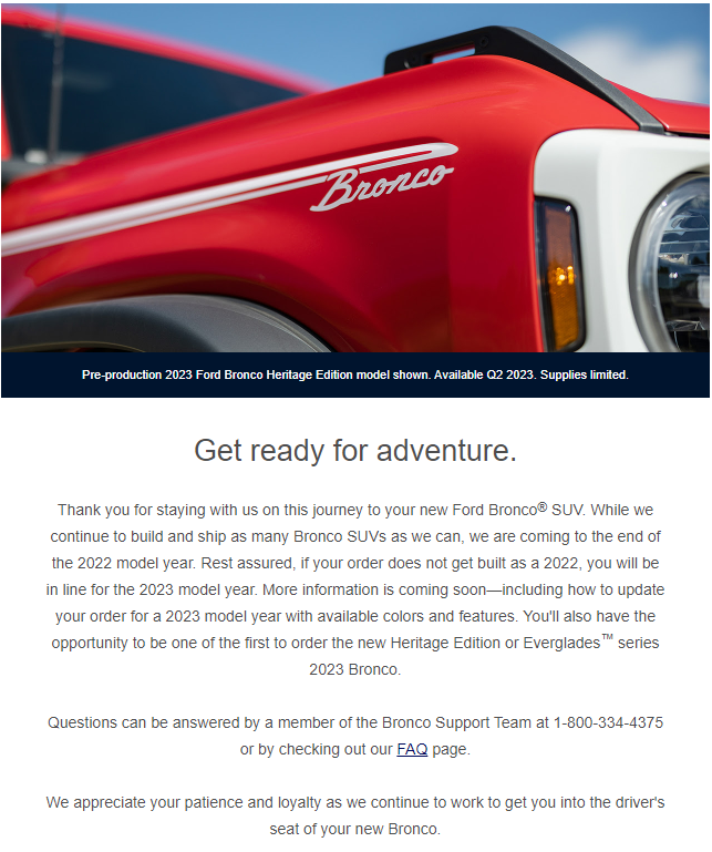 Ford Bronco Ford's official email letter about getting bumped to 2023 model year 1662487990471