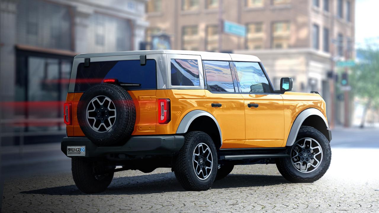 Ford Bronco Bronco6G's 2021 Bronco in Production Colors, Painted and White Top, Flares, Grille [Preview Renderings] 2021 Bronco-4-door_cyberorange-white-top-flares-grille