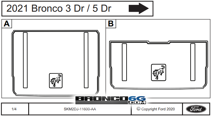 Ford Bronco Factory Wheel Arch Extension Kit , Rock Rails, Roof Rack Cross Bar, Cargo Liner -- Installation Instruction Images & Part Numbers 1605296991939