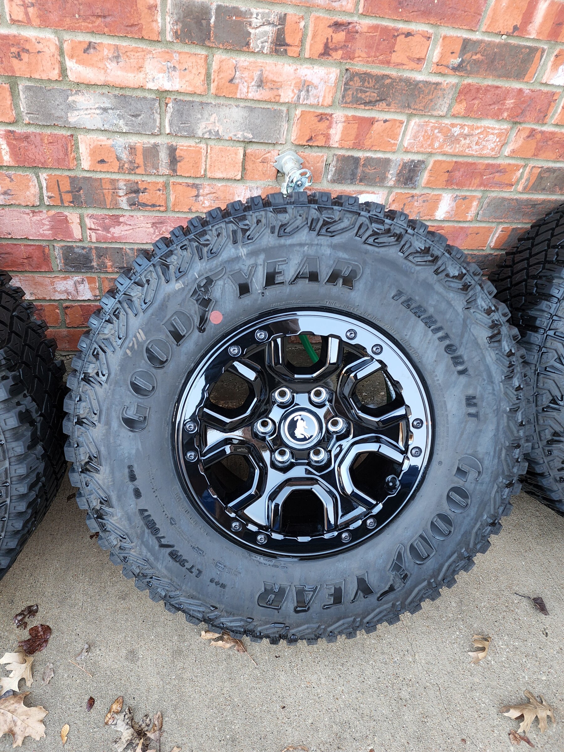 Ford Bronco 5 Black Beadlock Capable Wheels with GoodYear Territory M/T's $old- Dallas 20220305_172226
