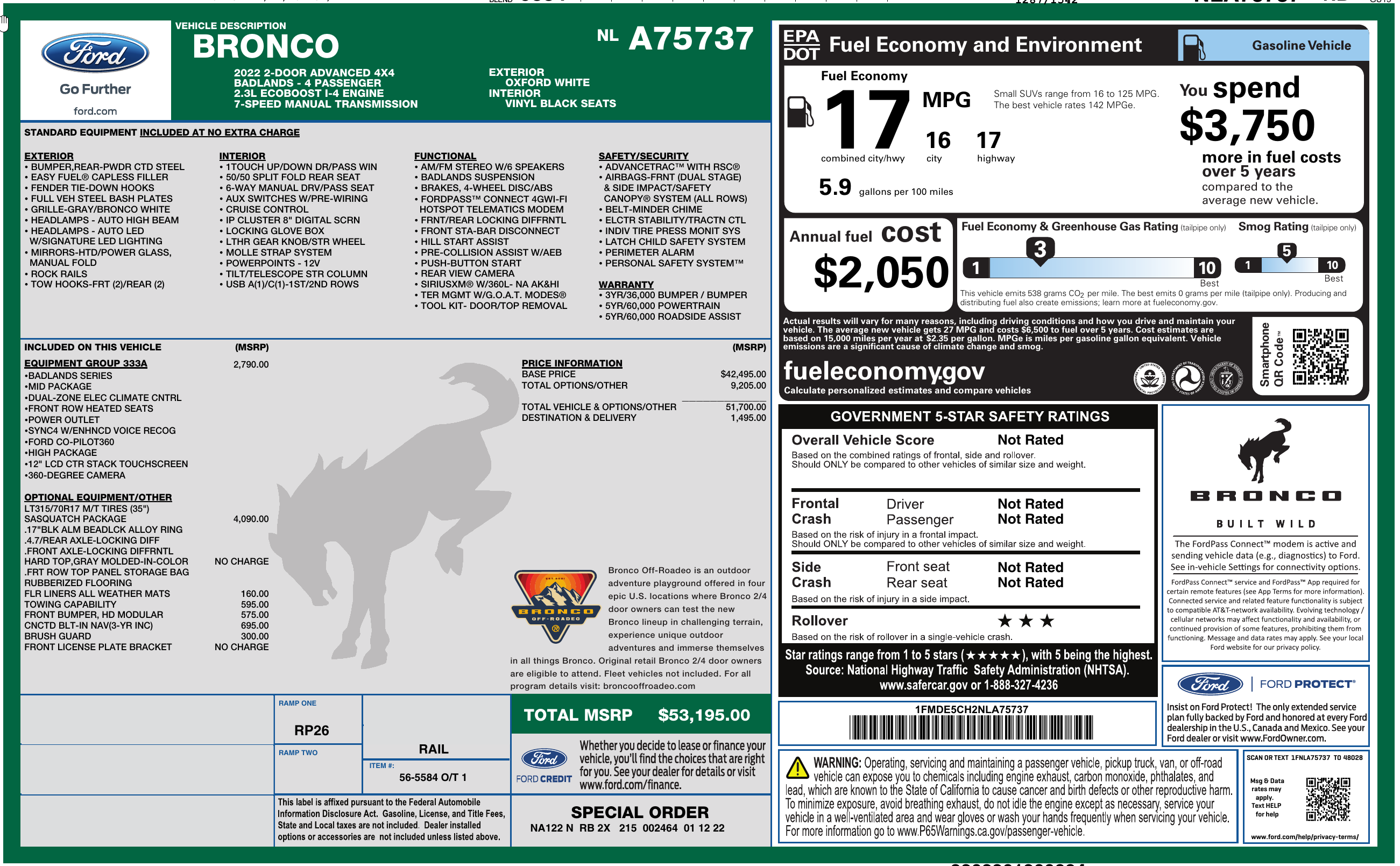 Ford Bronco White Badlands 2Dr/High/2.3/Manual/Sas 2023-02-24 10_10_27-Window Sticker  - Okular