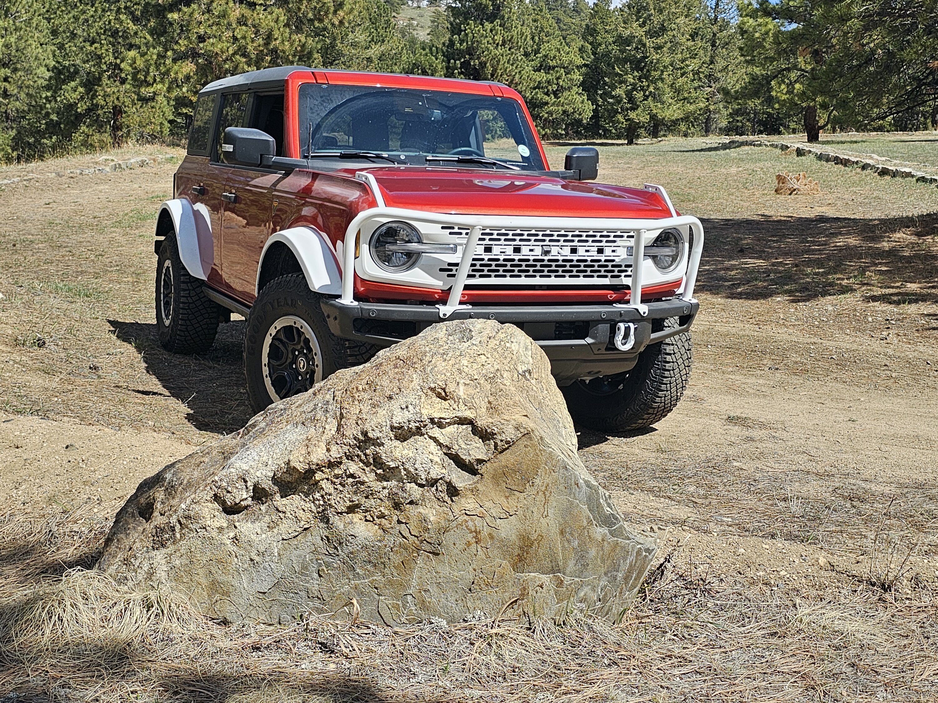 Ford Bronco Meet Duke, my custom heritage version Bronco w/ white painted top, grille and wheels 20230505_110959