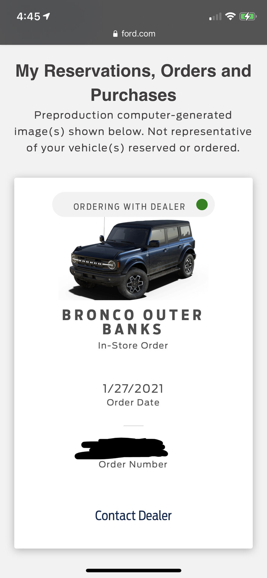 Ford Bronco New Green Dot + "Ordering With Dealer") showing on Ford.com My Reservations Page 471C3F82-40D2-4811-8A6E-C1543D94DB5F