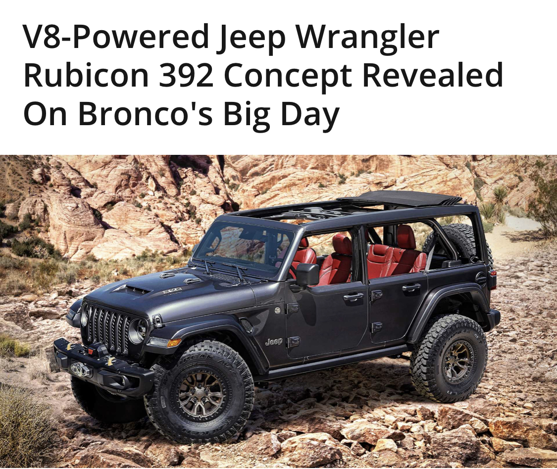 Ford Bronco Jeep [Trolls Bronco With] Reveals 6.4-liter V-8 Wrangler Rubicon 392 Concept 1594685369332