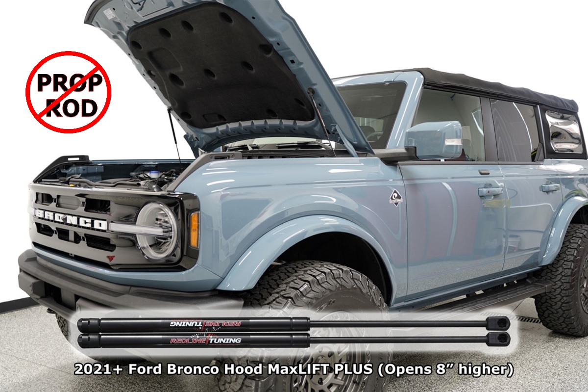 Ford Bronco Black Friday! 20% off all Redline Tuning Hood QuickLIFT systems! bronco-maxlift-
