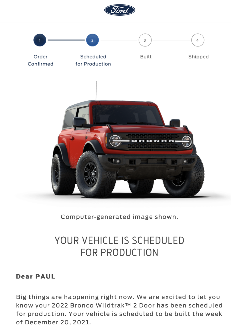 Ford Bronco My 2022 Eruption Green Scheduled for December production Bronco order accepted screen shot redacted