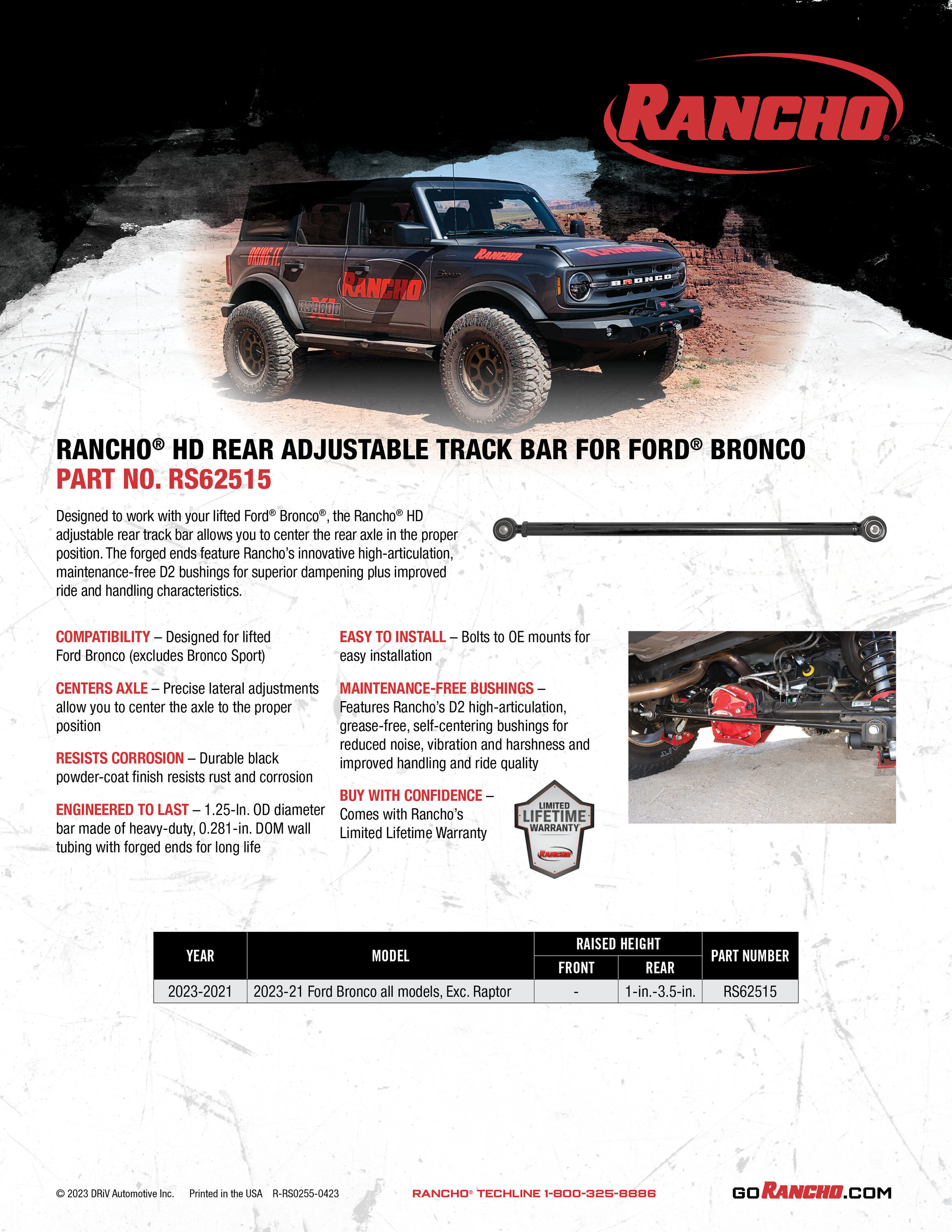 Ford Bronco Rancho heavy duty rear adjustable track bar Bronco_RearAdjustableTrackBar_RS62515_Sell_032723