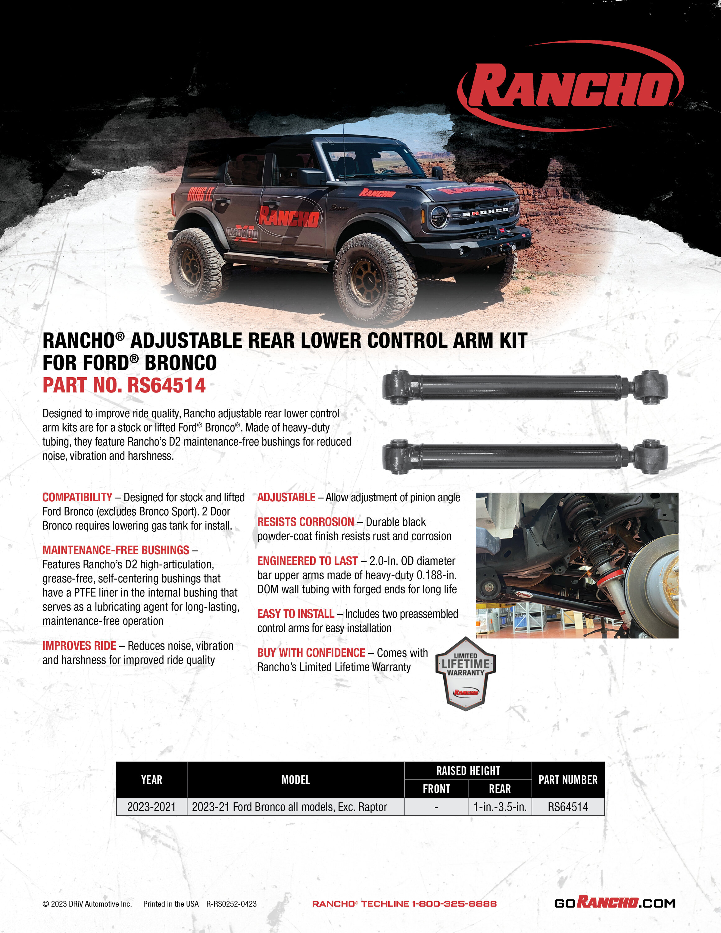 Ford Bronco Rear lower control arms for your Bronco from Rancho Bronco_RearLwrAdjControlArmKit_RS64514_Sell_032823