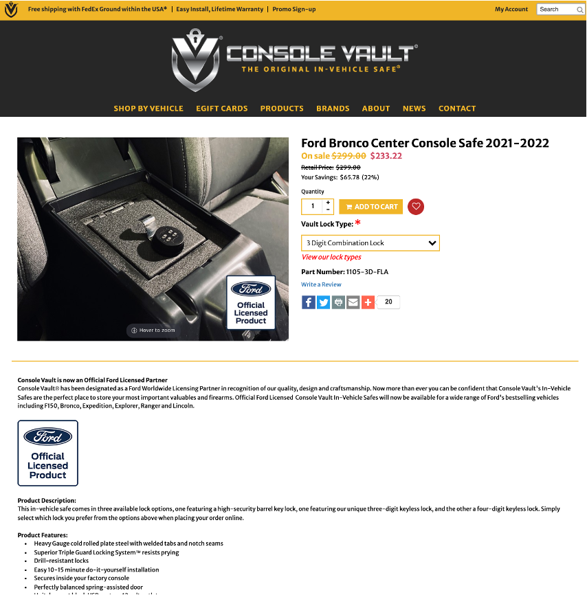 Ford Bronco Savings on Bronco Center Console Safe;  $339 -> $267 console22off3