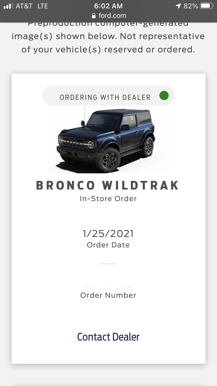 Ford Bronco New Green Dot + "Ordering With Dealer") showing on Ford.com My Reservations Page E5797198-1320-4781-96AA-724C53E168BB