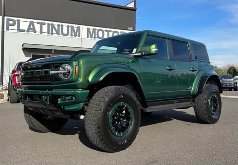 Ford Bronco Eruption Green Bronco Raptor erupts matching paint all over - hard top, flares, bumpers, grille, letters, wheel rings eruptiongreenbroncoraptorpaintedflaresbumpers