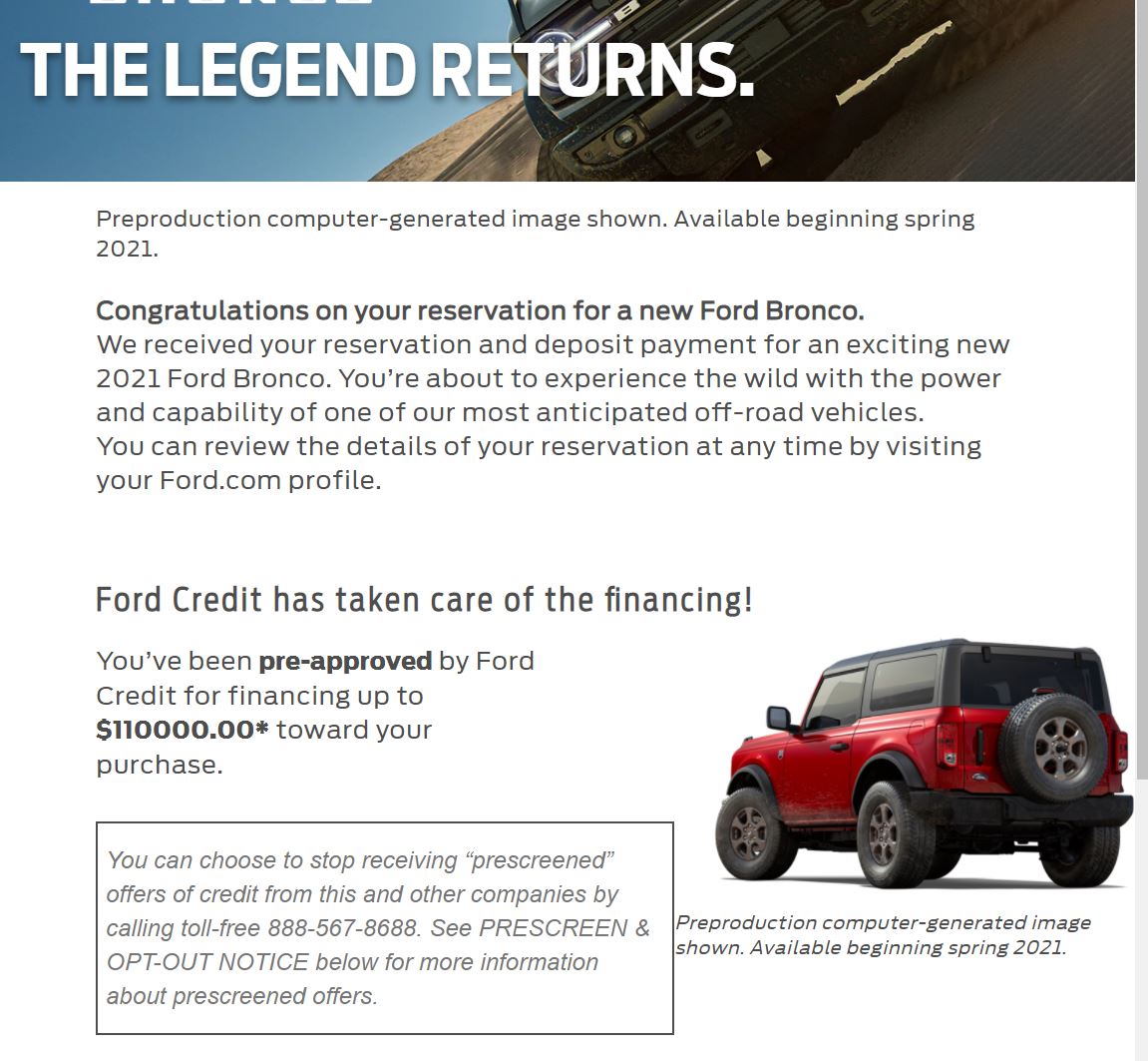 Ford Bronco Anyone else get a Pre-Approval notice on their Bronco Reservation? 1606434166168