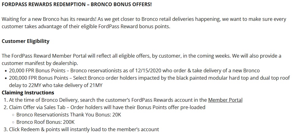 Ford Bronco Ford not honoring 220,000 points from email Fordpass