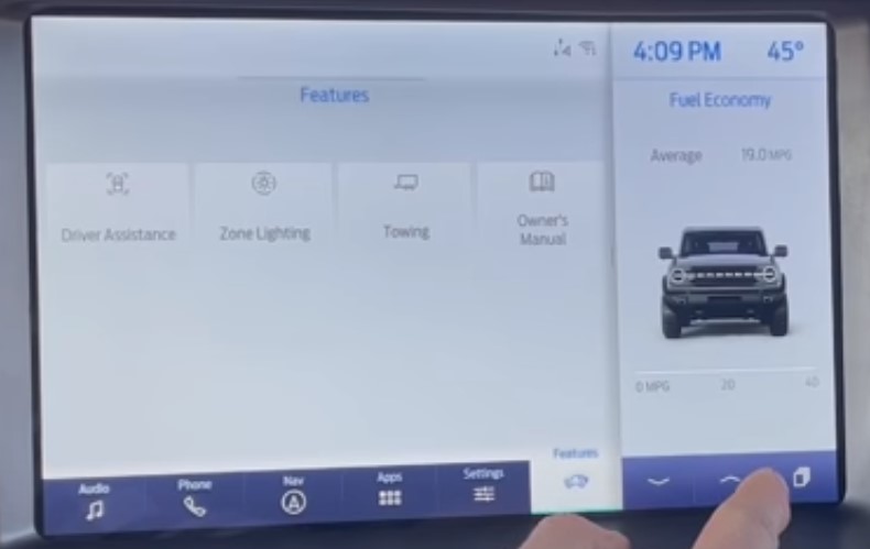 Ford Bronco Average Fuel Economy screengrab: 19MPG (0-40) fuel