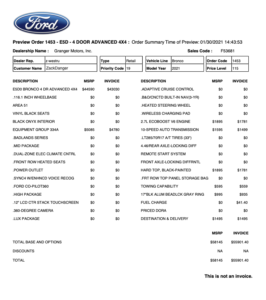Ford Bronco Confused... which order is ordered? Order Summary Screen Shot Redacted