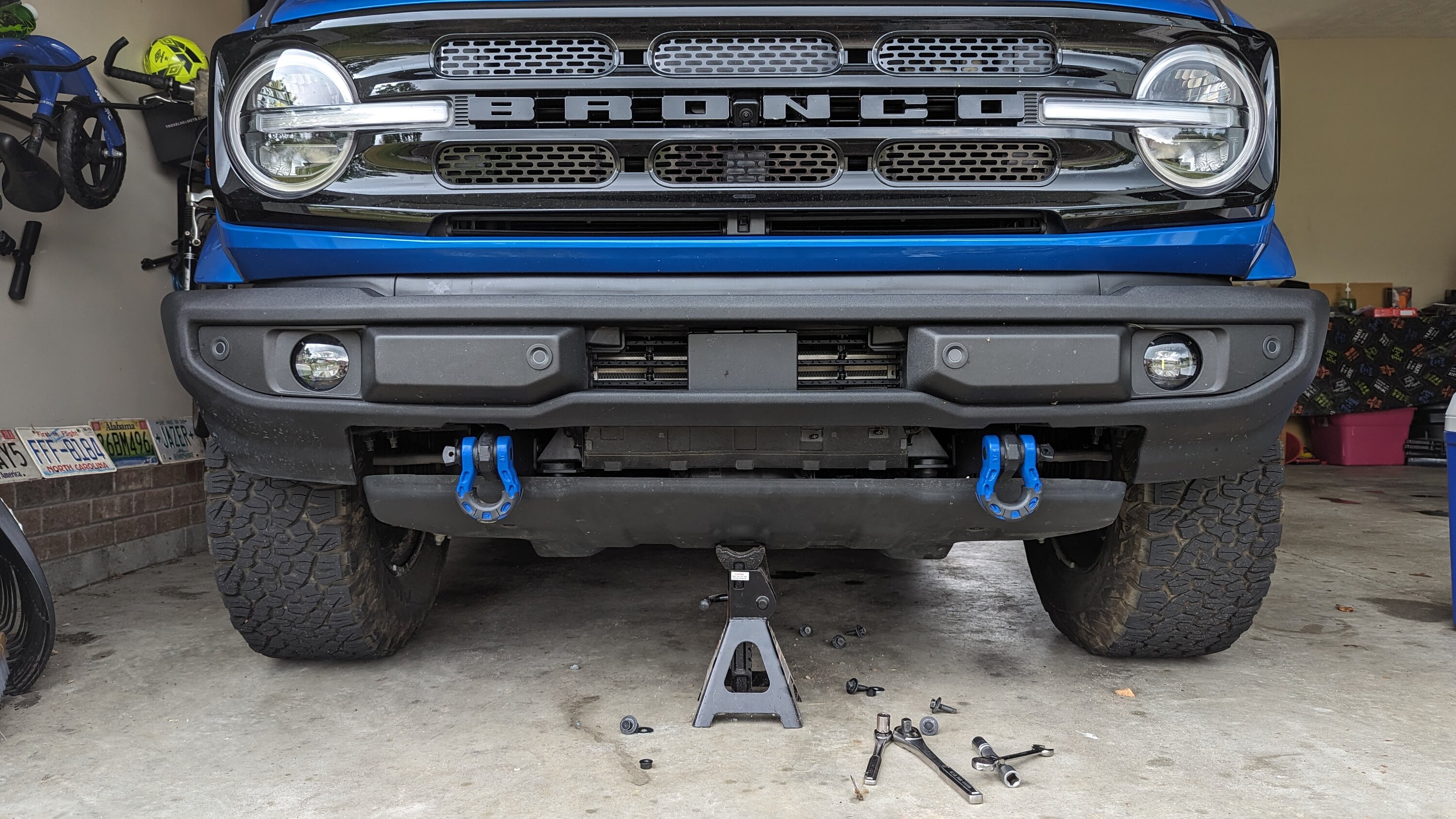 Ford Bronco OEM Steel bash plate modified to fit standard plastic bumper PXL_20230804_171012289