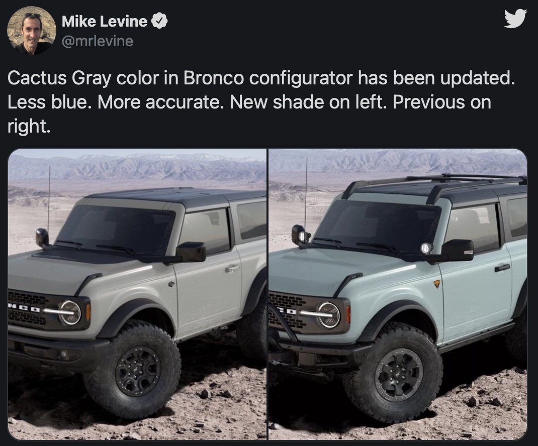 Ford Bronco Levine Confirms Cactus Gray Color Change on Build and Price 433BE0E7-9864-46A3-9271-D412C011A3B0