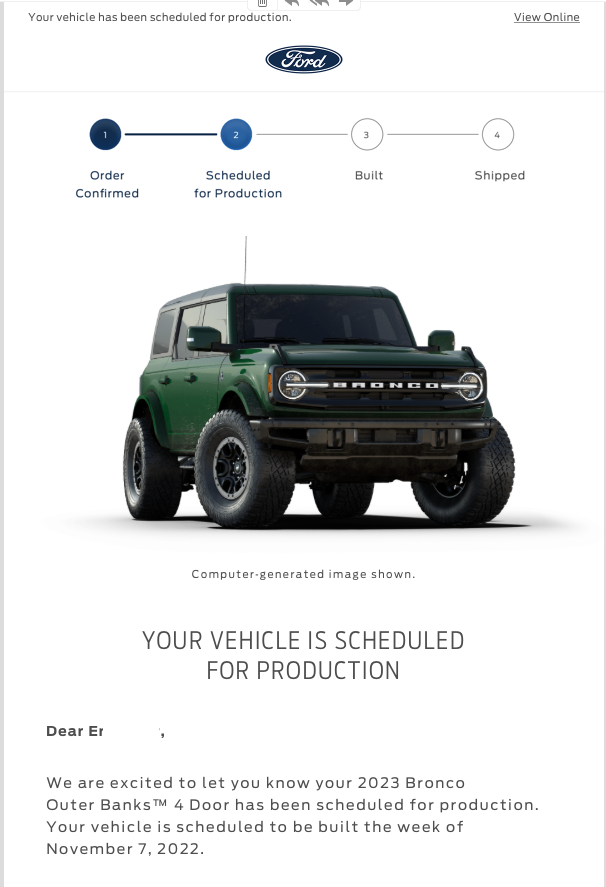 Ford Bronco 📬 2023 Bronco production scheduled build emails now going out! Gets yours yet? Screen Shot 2022-10-06 at 4.45.26 PM