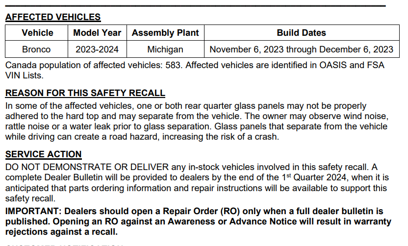 Ford Bronco RECALL - MIC Hard Top Glass Separation (2/28/24 NHTSA # 24510/24V142) 20240301_075811
