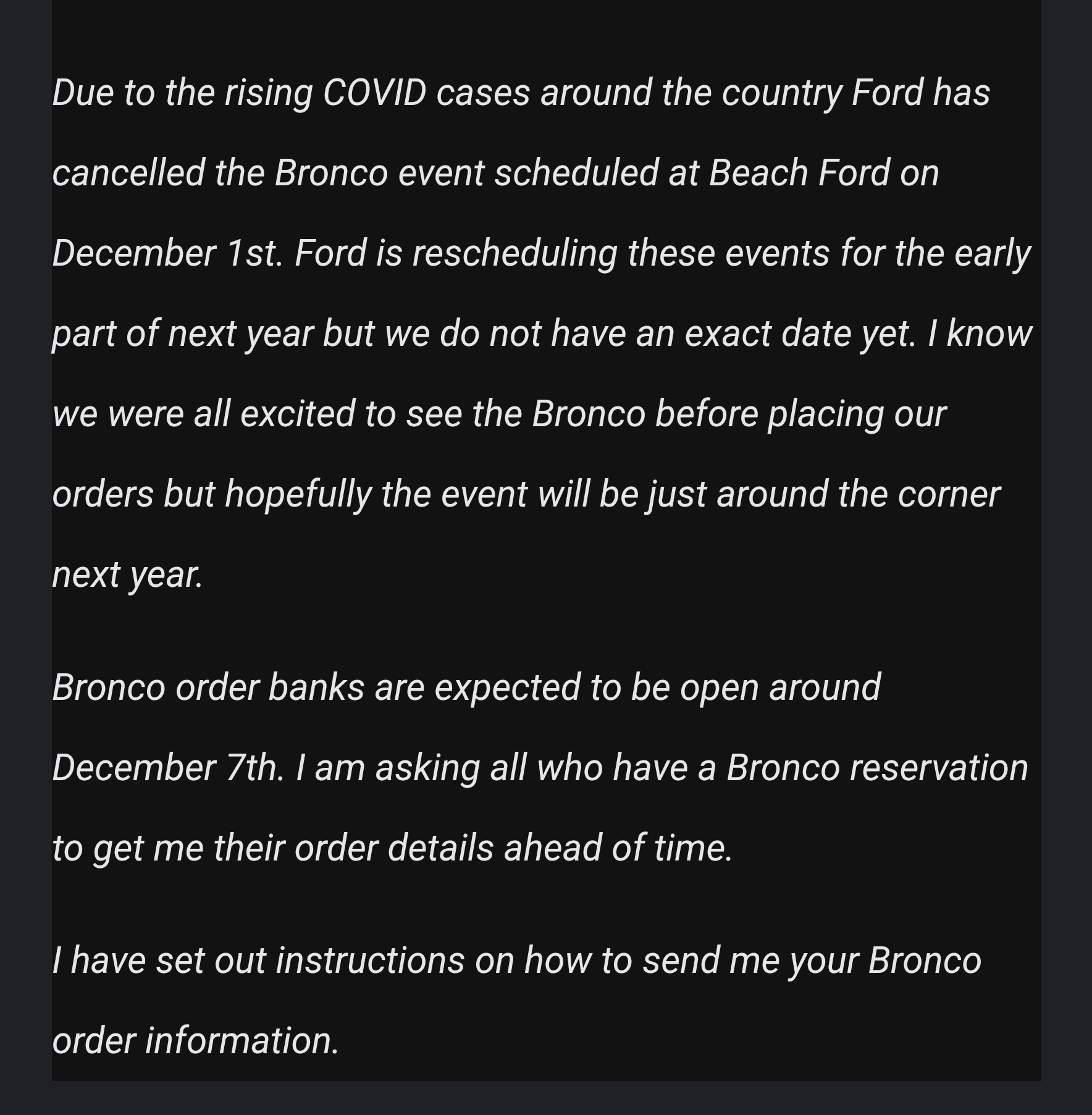 Ford Bronco My dealership in VA Beach canceled the Dec 1st event. Now I won't be able to see before I order. ? I understand though. Just sucks Screenshot_20201122-162528_Gmail