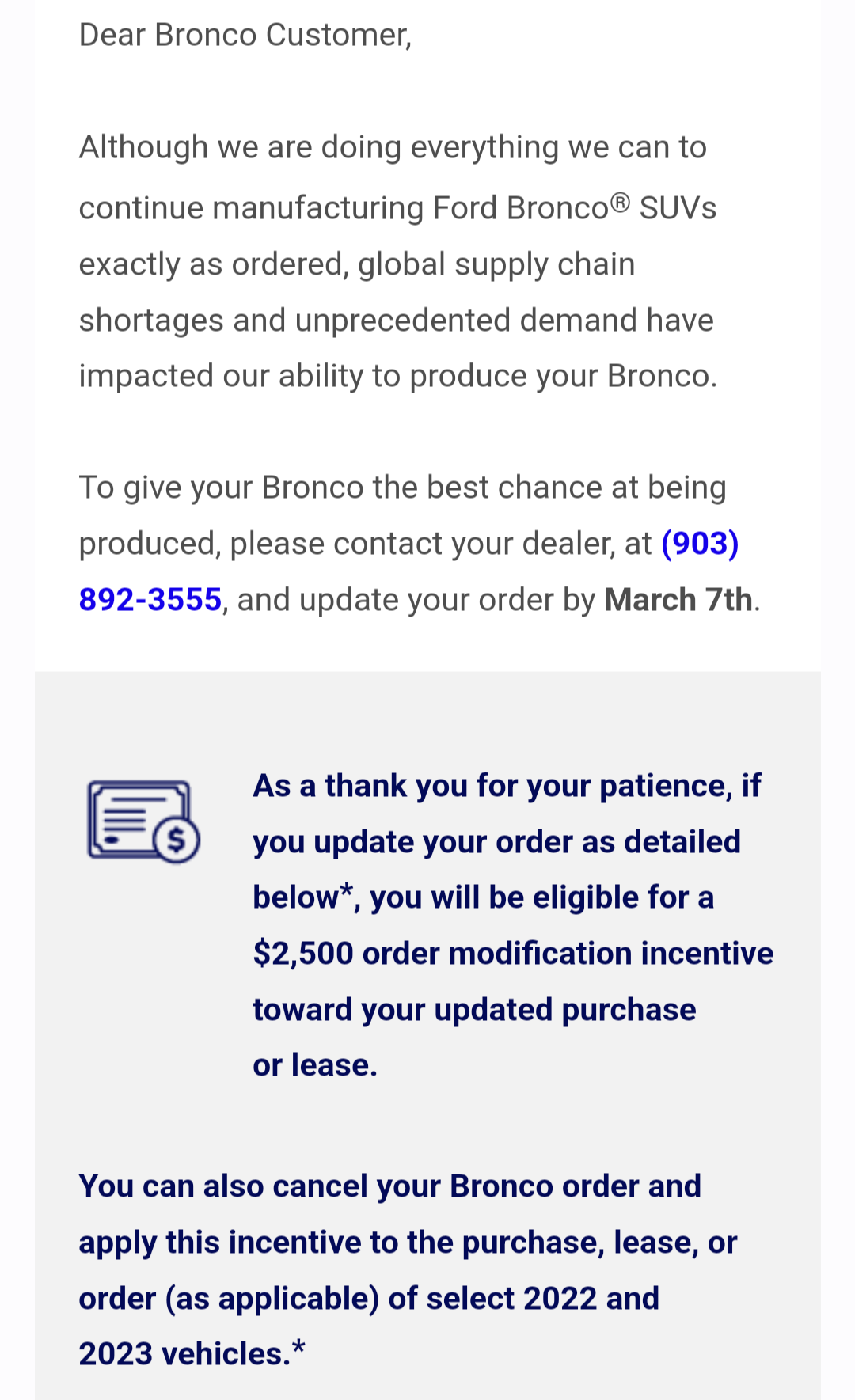 Ford Bronco Anybody getting their order cancelled? Screenshot_20230304-160820