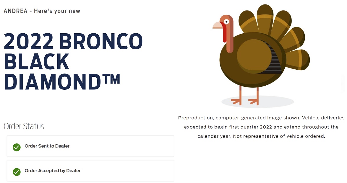 Ford Bronco Order status page update today Turkey