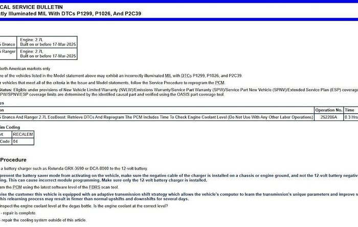 TSB 25-2206: 2024-2025 2.7L Incorrectly Illuminated MIL (Check Engine) with DTCs P1299, P1026 and P2C39
