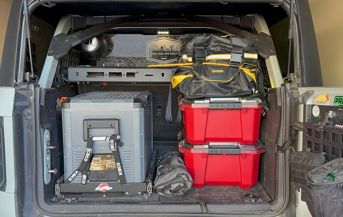Husky Storage Box = perfect solution to storing your 1.5 ton Badlands Jack in the Bronco!