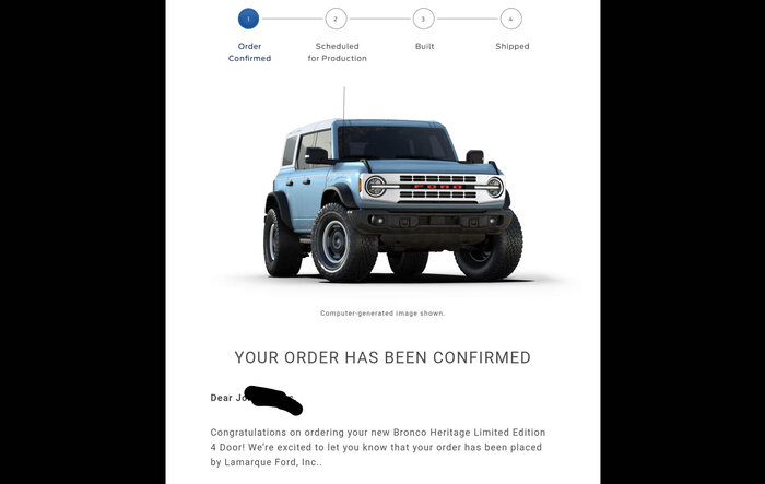 My Bronco Heritage Limited Edition order confirmed