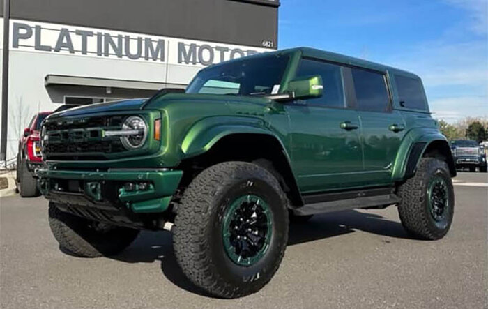 Eruption Green Bronco Raptor erupts matching paint all over - hard top, flares, bumpers, grille, letters, wheel rings