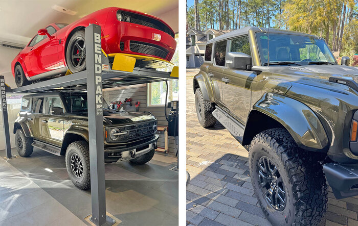 Shelter Green 2024 Bronco Raptor in garage.