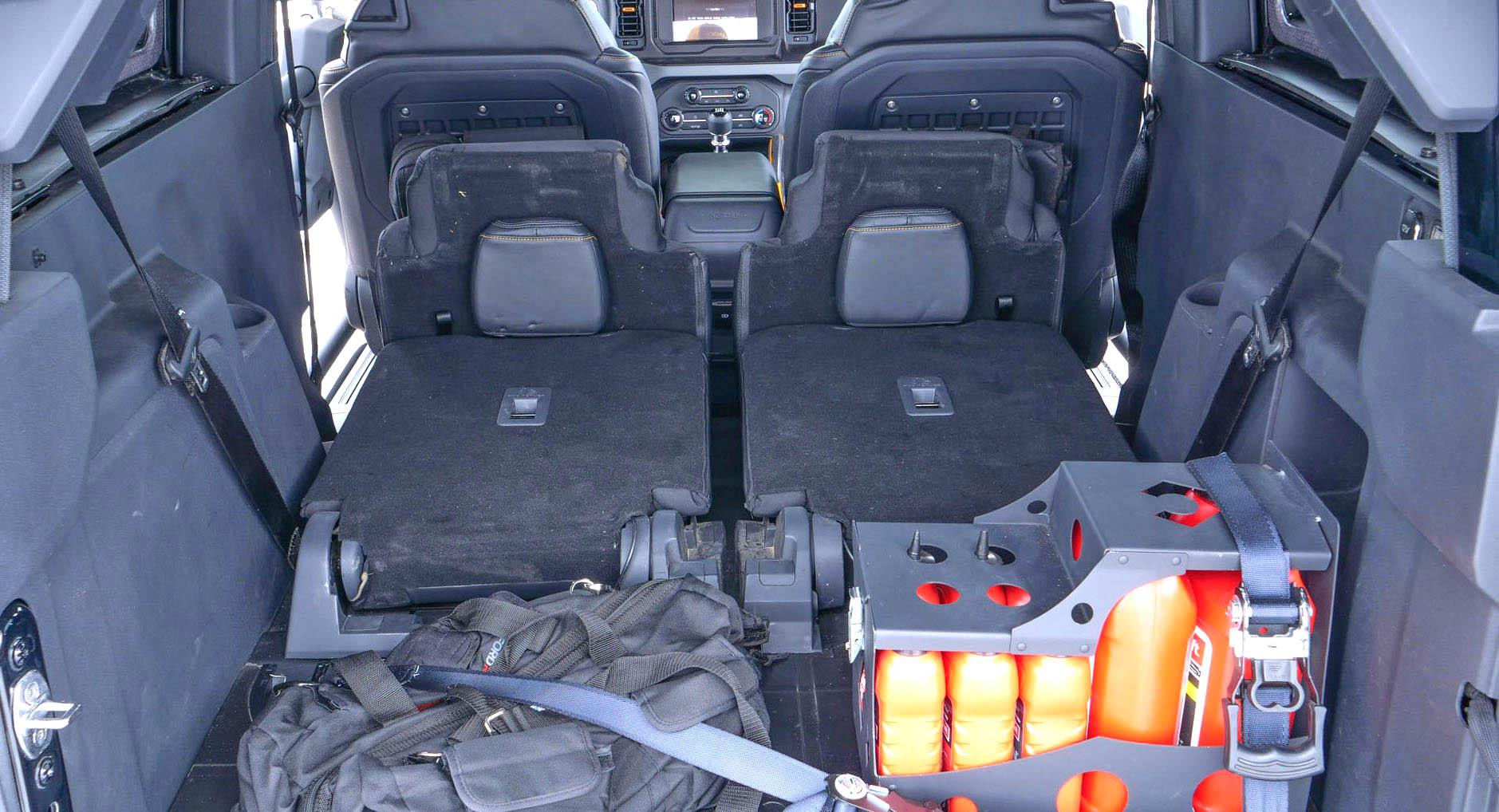 Video demonstration of rear seats folded down flat in 2 Door Bronco