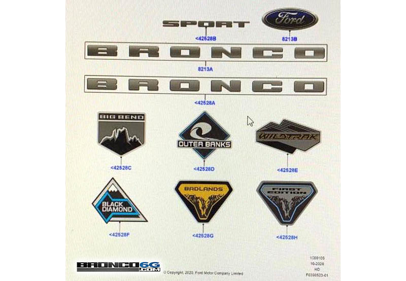 Bronco Trim Model Badge / Logo / Emblem Sticker Part Numbers Bronco6G 2021+ Ford Bronco