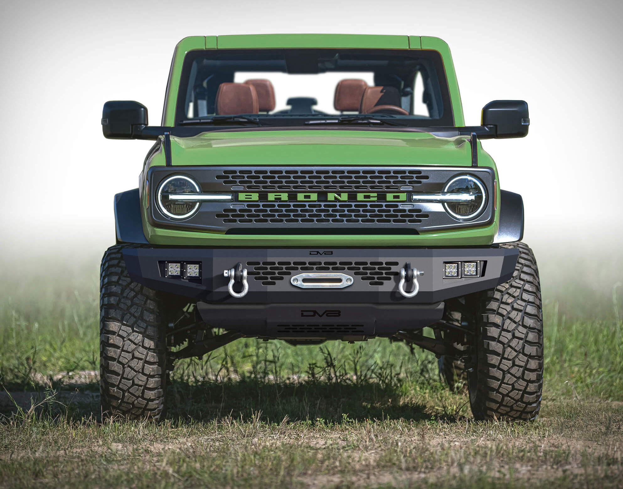 DV8 Front Bumper w/ Recessed Winch Previewed on Green 2021 Bronco