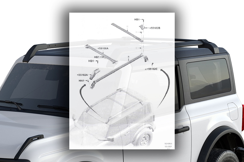 Bronco factory roof rack diagram with part numbers Bronco6G 2021